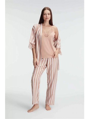 Pileli Store Pilelistore Ip Askılı V Yaka Kadın Viskon Çizgili Desenli Yazlık Örme Pijama Sabahlık Takımı