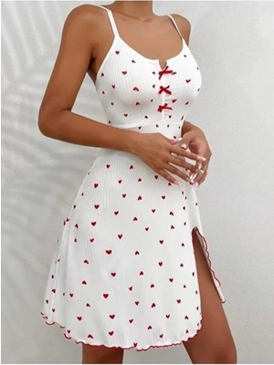 Pileli Store Pilelistore Kadın Beyaz Kırmızı Kalp Desenli Askılı  Elbise 5066