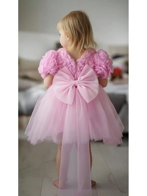 Kız Çocuk Elbise Balon Kısa Kol Detay Lı Kuyruklu Fiyonk Party Doğum Günü Elbise