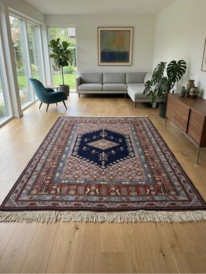 Ft Halı Izmir Kula El Dokuması Halı - 200X300 cm (6m2) - Antik Desenli %100 Yün Lacivert Kırmızı