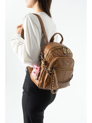 Baginn Vegan Deri Kadın Sırt Çantası Yıkama Suni Deri 30*25 cm Vegan Sırt Çantası Işıklı Charm Hediyeli