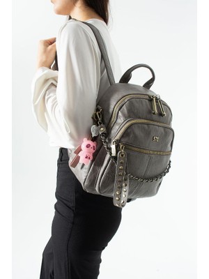 Baginn Vegan Deri Kadın Sırt Çantası Yıkama Suni Deri 30*25 cm Vegan Sırt Çantası Işıklı Charm Hediyeli