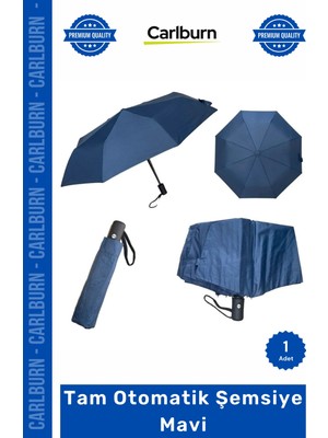 Carlburn Özel Üretim Sağlam Rüzgara Dayanıklı Katlanır Şık Ergonomik Kaliteli Tam Otomatik Şemsiye Mavi