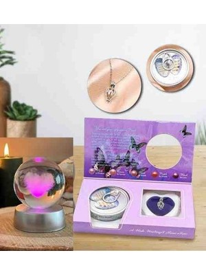 Kişiye Özel Istiridye Inci Kolye ve Kalp Kristal Cam Kar Küresi Ikili Set