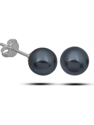 Pileli Store Pilelistore Gümüş Siyah Inci 7 mm Kadın Küpe