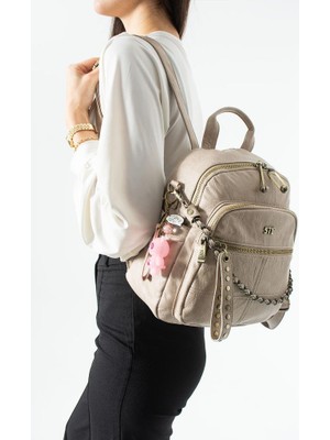 Baginn Vegan Deri Kadın Sırt Çantası Yıkama Suni Deri 30*25 cm Vegan Sırt Çantası Işıklı Charm Hediyeli