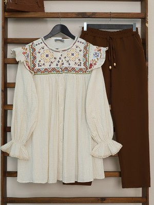 Moda Morfo Etnik Desenli Kolu Lastikli Bürümcük Tunik -Bej