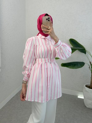 Modamorfo Kalın Çizgili Tokalı Kemerli Gömlek -Pembe