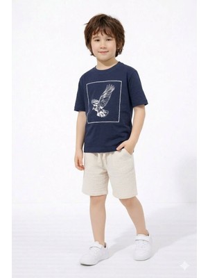 Cg Kids Kartal Temalı Lacivert Tshirt Müslin Alt Şort Alt Üst Takım