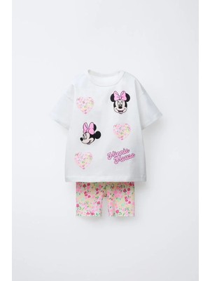 Magu Kız Çocuk Pamuklu Beyaz Kalp ve Fiyonklu Fare Baskılı T-Shirt Şort Takım