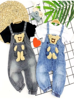 Beruflic 9-12-18-24 Ay Ayıcıklı Cep Kot Kumaş Tişörtlü 2li Kız Erkek Bebek Salopet Takımı Mavi