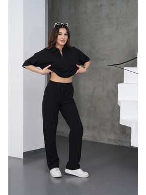 Dı Loria Kadın Siyah Rahat Kesim Fermuarlı Sweat Pantolon Takım