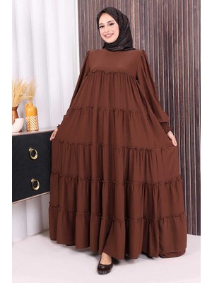 Bym Fashion Dubai Katlı Salaş Elbise 6023 Kahverengi