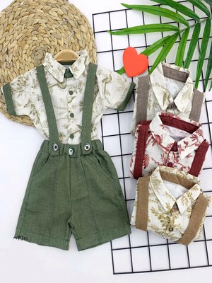 Beruflic 9-12-18-24 Ay Pamuklu Kumaş Keten Kısa Kol Gömlek 2li Erkek Bebek Salopet Takımı Kahverengi