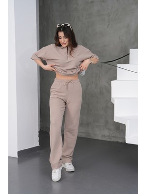 Dı Loria Kadın Bej Rahat Kesim Fermuarlı Sweat Pantolon Takım