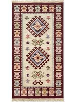 4mhome Etnik Desenli Saçaklı Dekoratif Kilim Bordo Krem Bohem Kilim