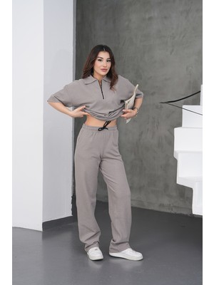 Dı Loria Kadın Gri Rahat Kesim Fermuarlı Sweat Pantolon Takım