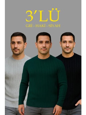 Pileli Store Erkek Fitilli Triko Kazak 3lü Set Gri Haki Siyah Regular Fit Bisiklet Yaka Triko Seti Modeli Kazak