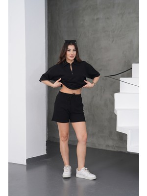 Dı Loria Kadın Siyah Rahat Kesim Fermuarlı Sweat Şortlu Takım