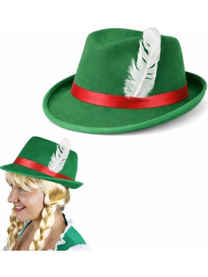 Pileli Store Yeşil Tüylü Alman Bavyera Şapkası