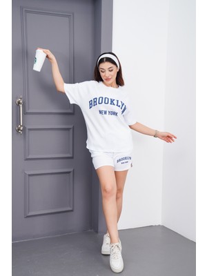 Dı Loria Kadın Beyaz Baskılı Oversize Yazlık Rahat Tişört Şort Takım