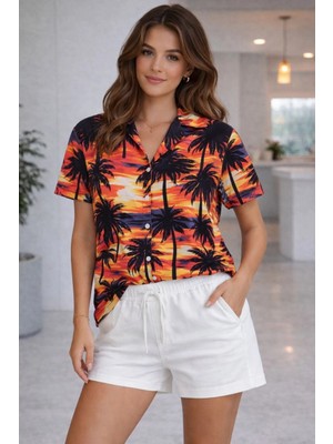 Pileli Store Kadın Tropikal Palmiye Desenli Gömlek Şort Takım Yazlık Rahat Kalıp - Desenli