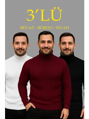 Pileli Store Fitilli Triko Kazak 3'lü Set Beyaz Bordo Siyah Regular Balıkcı Yaka Tam Boğazlı Triko Seti Mode