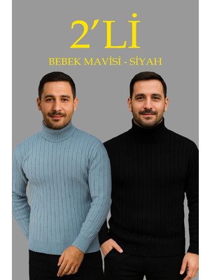 Pileli Store Fitilli Triko Kazak 2'li Set Bebek Mavisi Siyah Regular Balıkcı Yaka Tam Boğazlı Triko Seti Mode