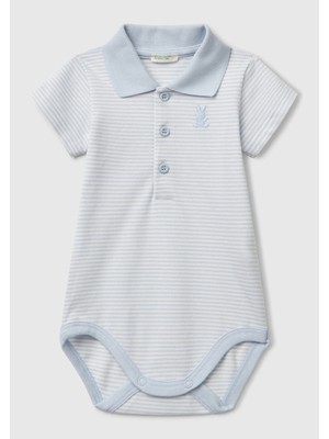 United Colors Of Benetton Bebek Toz Mavi Tavşan Işlemeli Düğme Detaylı Polo Yaka Body