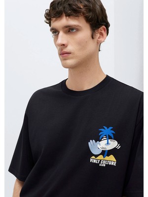 Mavi Palmiye Baskılı Siyah Tişört 0613288-900