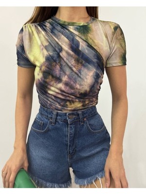 Moda Morfo Bel Omuz Büzgülü Batik Baskı Sendy Bluz  -Yeşil