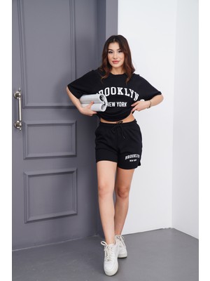 Dı Loria Kadın Siyah Baskılı Oversize Yazlık Rahat Tişört Şort Takım