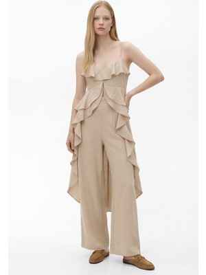 Quzu Askılı Volanlı Asimetrik Bluz Bej