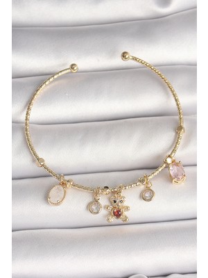 Uravas Store Pirinç Gold Renk Sallantı Zirkon Taşlı Ayıcık Figür Kırmızı Detay Charm Kadın Bileklik