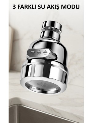 Nuveden Döner Başlıklı Su Tasarruflu Krom Musluk Ucu 3 Fonksiyonlu Lavabo Aparatı