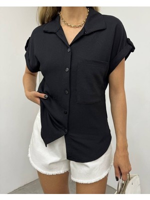 Modamorfo Duble Kol Tek Cepli Bürümcük Gömlek  -Siyah