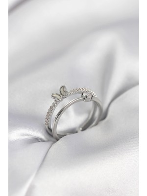 Nuveden Gümüş Renk 2'li Zirkon Taşlı Kelebek Model Kadın Yüzük