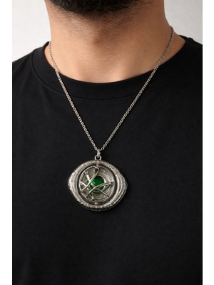 Herşey Nota Unisex Gümüş Renk Yeşil Taşlı Sembol Tasarım Kolye 60 cm Zincir