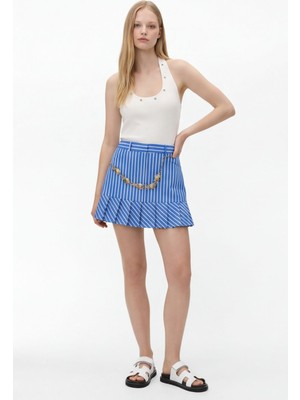 Quzu Aksesuar Zincirli Çizgili Mini Etek Mavi