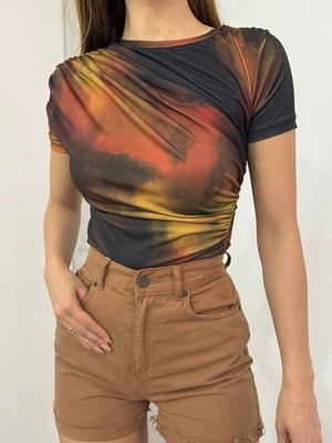 Moda Morfo Bel Omuz Büzgülü Batik Baskı Sendy Bluz  -Kiremit
