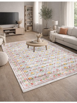 Lioara Home Krem Vintage Dijital Baskılı Halı – Modern, Kaymaz Taban, Leke Tutmaz, Salon & Oturma Odası Için