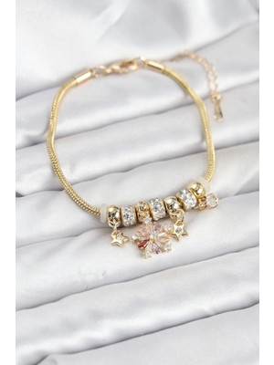 Uravas Store Pirinç Gold Renk Renkli Yıldız Charmlı Kadın Bileklik