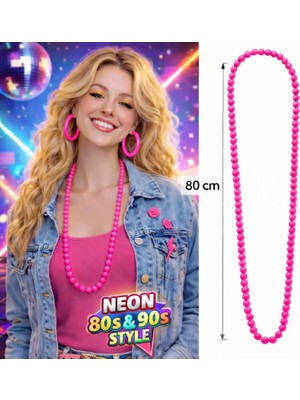 Marsilyan- Neon Pembe Boncuk Kolye 80 cm – Retro 80’ler 90’lar Parti Aksesuarı