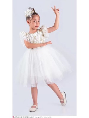 Diamondstar Kız Çocuk Çiçek Aplikeli Parti Kıyafeti Doğum Günü ve Gösteri Kostümü Elbisesi 3/12 Yaş