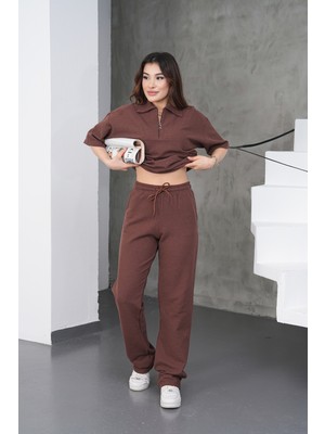 Dı Loria Kadın Kahverengi Rahat Kesim Fermuarlı Sweat Pantolon Takım