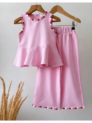 Magu Kız Çocuk Pamuklu Pembe Kalp Detaylı Bluz Pantolon Takım