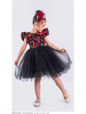 Diamondstar Kız Çocuk Çiçek Aplikeli Parti Kıyafeti Doğum Günü ve Gösteri Kostümü Elbisesi 3/12 Yaş