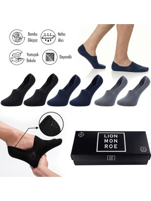 Lion Monroe Saf Bambu Erkek Babet Çorap Dikişsiz Görünmez Kaydırmaz Topuk Silikonlu Premium Hediye Kutulu 6'lı Prime Bamboo Serisi L5952AZNB