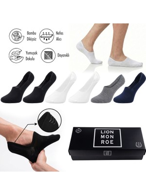 Lion Monroe Saf Bambu Erkek Babet Çorap Dikişsiz Görünmez Kaydırmaz Topuk Silikonlu Premium Hediye Kutulu 6'lı Prime Bamboo Serisi L5952AZNB