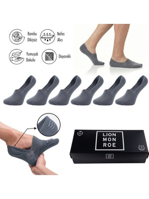 Lion Monroe Saf Bambu Erkek Babet Çorap Dikişsiz Görünmez Kaydırmaz Topuk Silikonlu Premium Hediye Kutulu 6'lı Prime Bamboo Serisi L5952AZNB